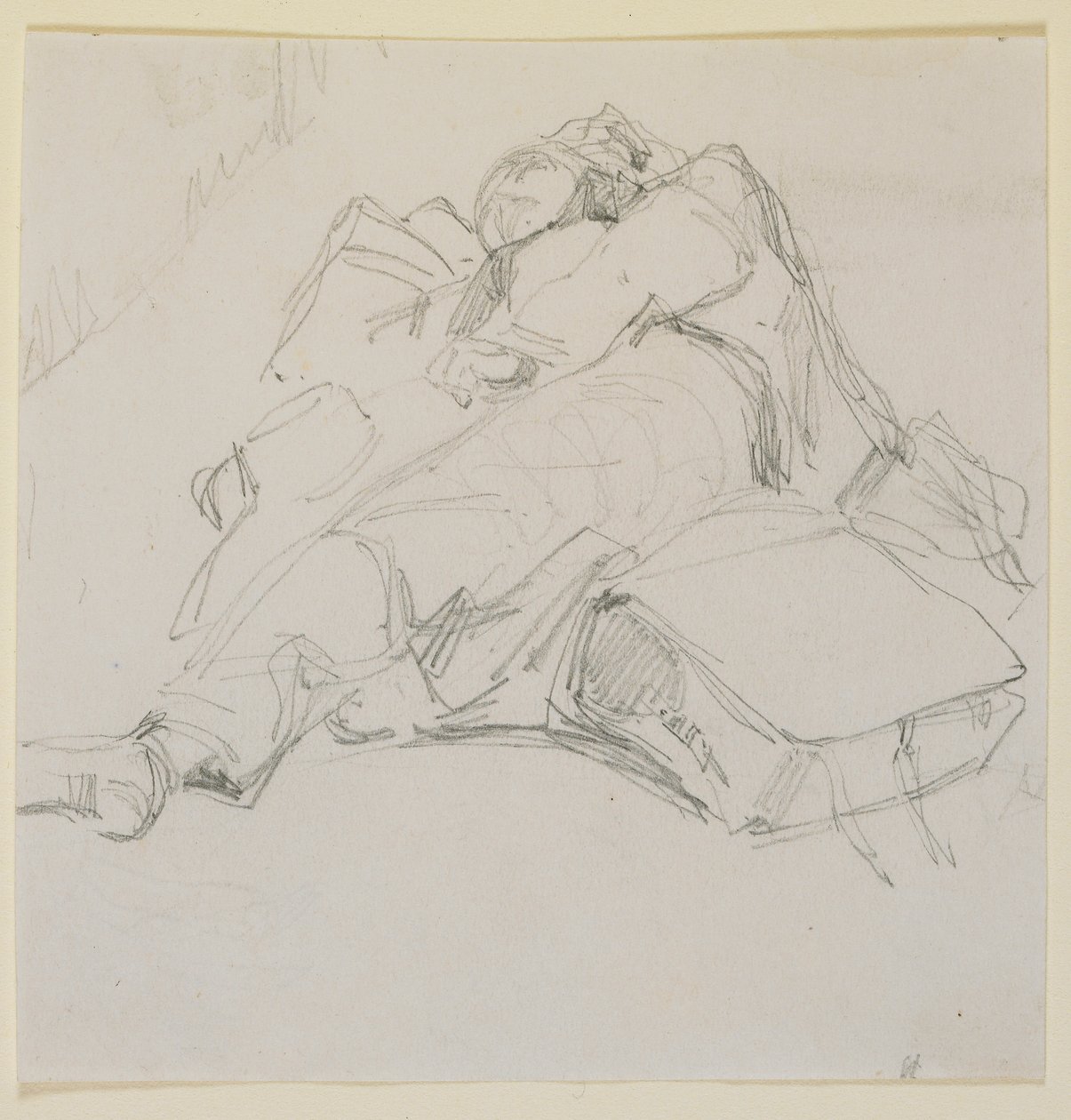 Een man die slaapt op een stapel bagage, 1858 door James Abbott McNeill Whistler