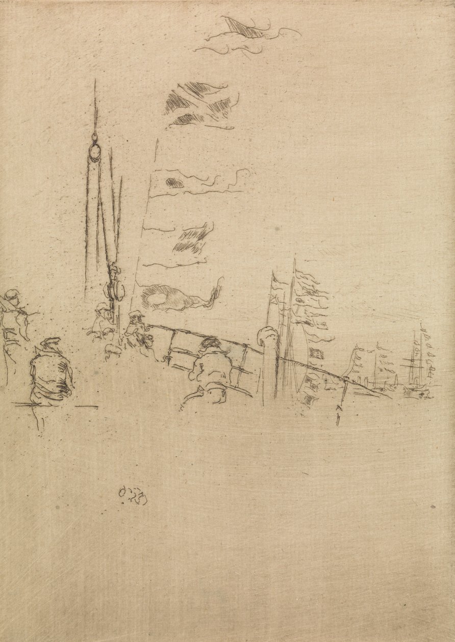 Vlagvertoon, uit een set van twaalf etsen getiteld De Marine Review, 1887 door James Abbott McNeill Whistler