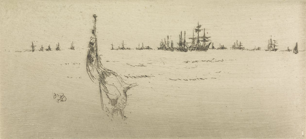 Het Strijken van de Vlag, uit een set van twaalf etsen getiteld De Marine Review, 1887 door James Abbott McNeill Whistler