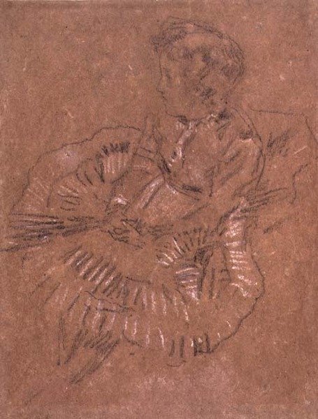 Een Zittend Meisje in een Grote Rok (Een Studie van Elinor Leyland) c.1870-80 door James Abbott McNeill Whistler