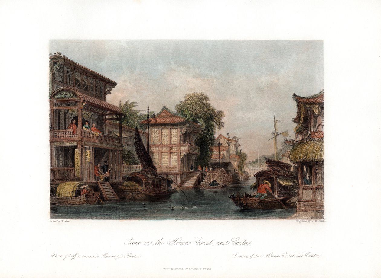 Scène aan het Honan-kanaal, nabij Canton, China, ca. 1840 door James B. Allen