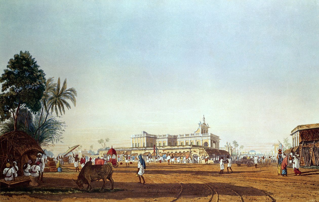 Lall Bazaar en de Portugese Kapel, Calcutta, gegraveerd door Robert Havell, gepubliceerd 1824 door James Baillie Fraser