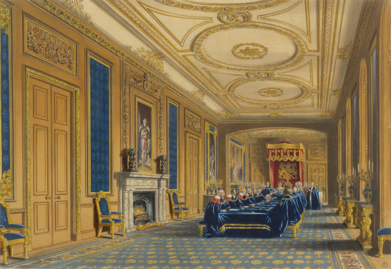 De troonzaal, Windsor Castle - De installatie van de Orde van de Kousenband, 1838 door James Baker after Pyne