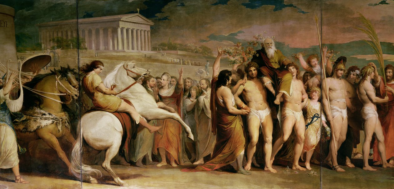 De kroning van de overwinnaars in Olympia, derde in de serie De vooruitgang van menselijke cultuur en kennis, detail van het centrale paneel met Diagoras, c.1777-1801 door James Barry