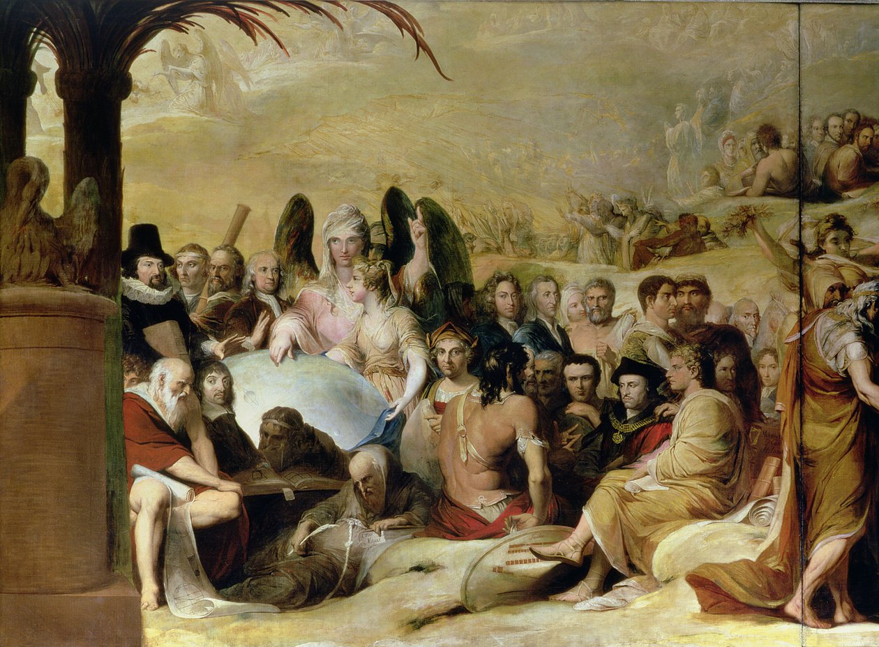 Elysium, of de staat van uiteindelijke vergelding, zesde in de serie De vooruitgang van menselijke cultuur en kennis, detail van wetenschappers en filosofen die naar de wereldbol kijken door James Barry