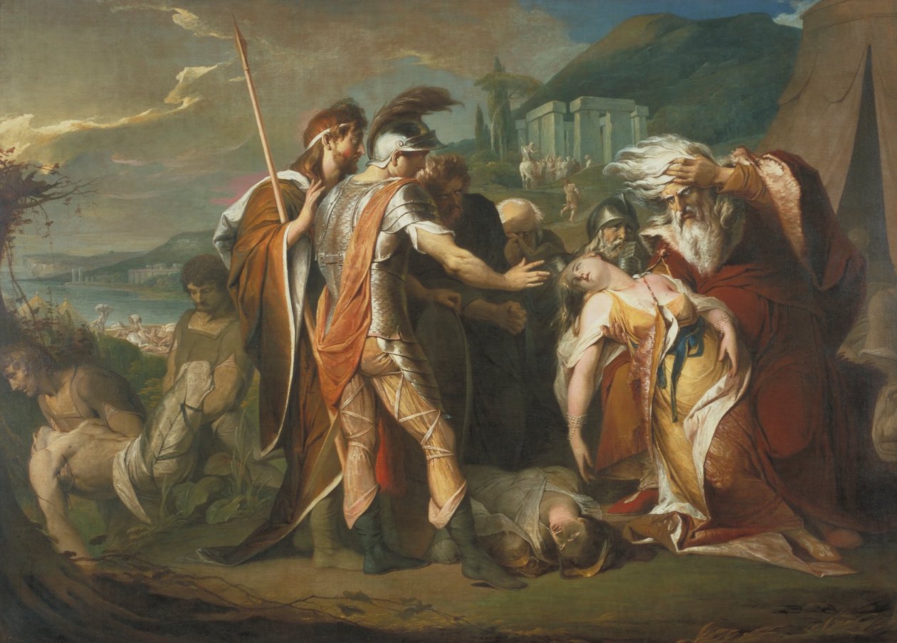Koning Lear huilt boven het dode lichaam van Cordelia door James Barry