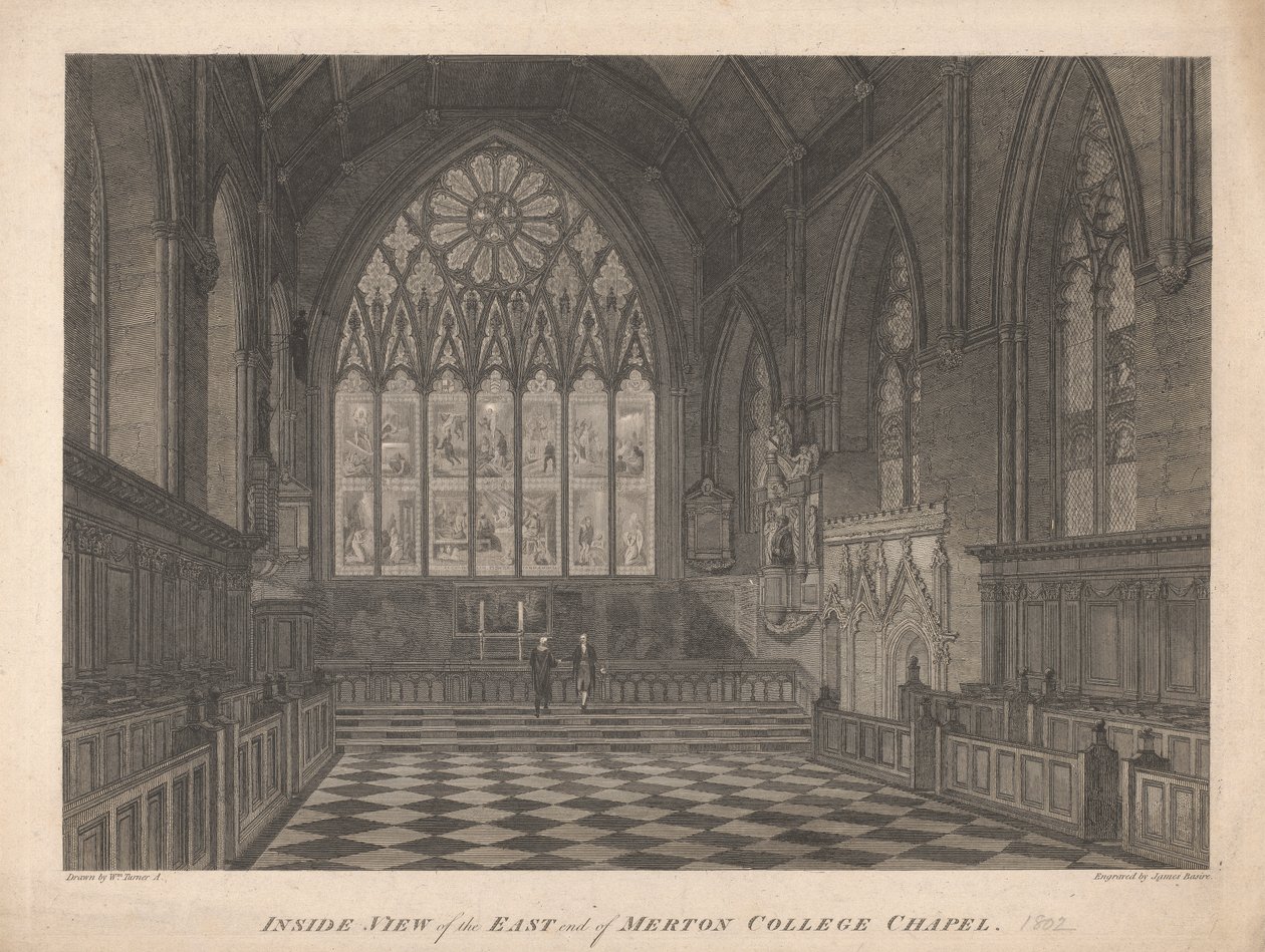 Binnenaanzicht van het oostelijke uiteinde van de kapel van Merton College door James Basire