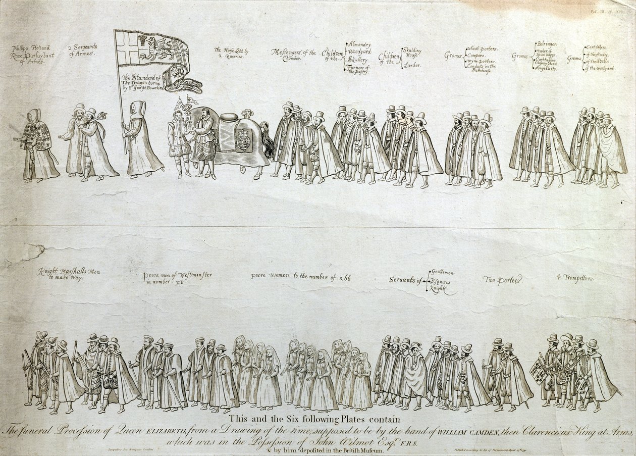De Begrafenisstoet van Koningin Elizabeth I, naar een tekening uit die tijd verondersteld door de hand van William Camden, de Clarencieux King-at-Arms, gegraveerd door James Basire, gepubliceerd 1791 door James Basire