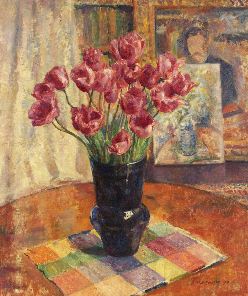 Tulpen in een blauwe kom door James Bolivar Manson