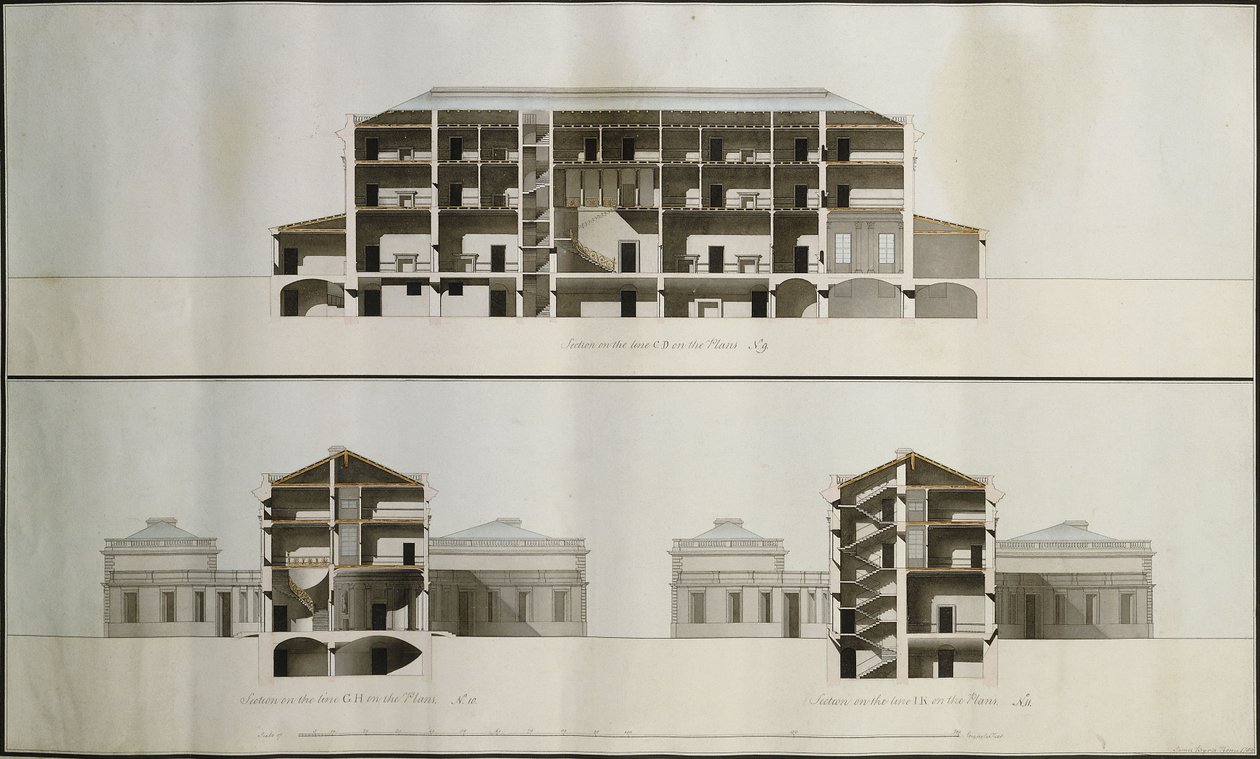 Ontwerpen voor een neoklassiek huis voor Lord Charleville: drie secties door James Byres