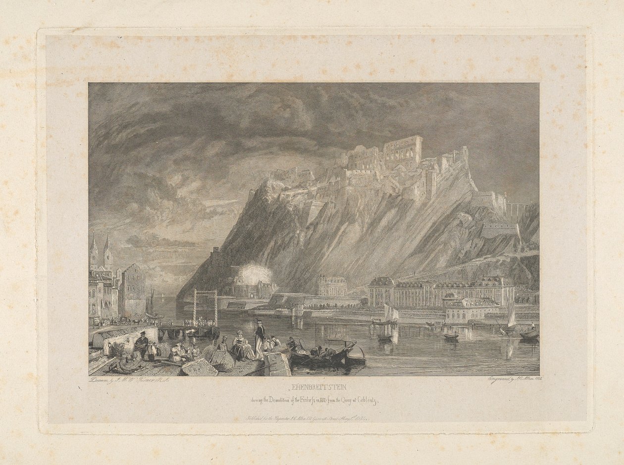 Ehenbreitstein, tijdens de sloop van het fort in 1817 vanaf de kade in Koblenz door James C. Allen