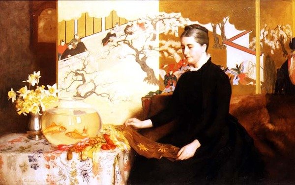 Dame met Japans scherm en goudvis (Portret van de moeder van de kunstenaar) door James Cadenhead