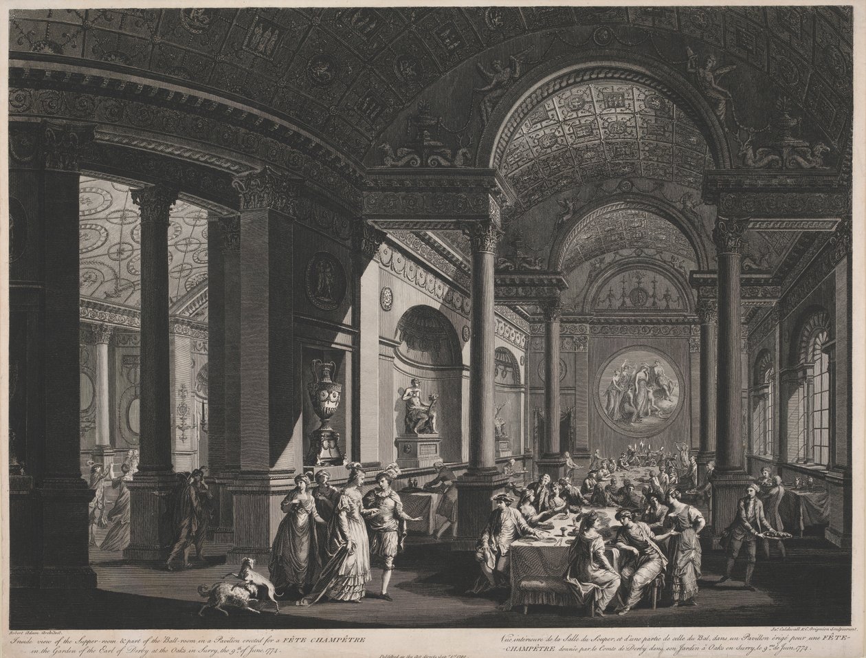 Binnenzicht van de Eetkamer & een Deel van de Balzaal in een Paviljoen opgericht voor een Fete Champetre in de Tuin van de Graaf van Derby door James Caldwall