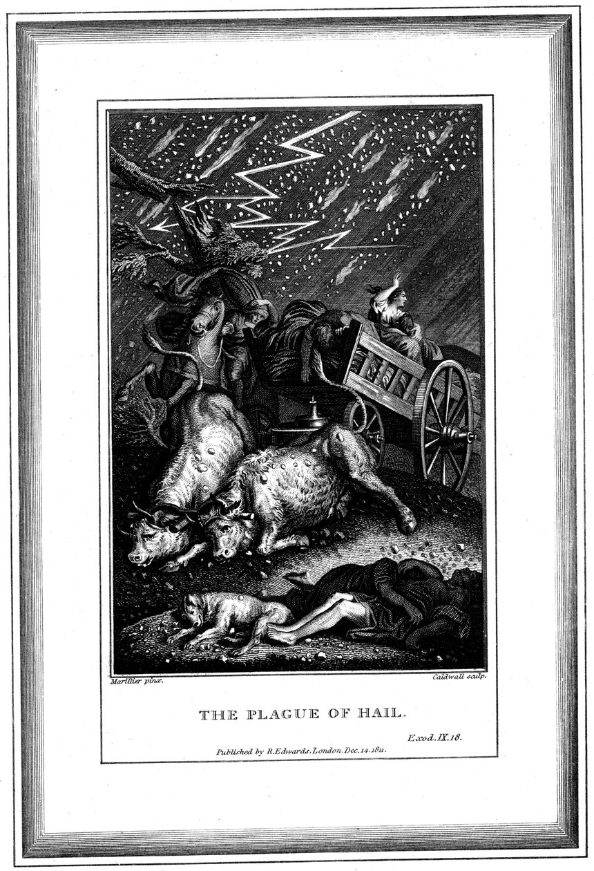 De plaag van regen en hagel, een van de zeven plagen van Egypte, ca. 1759-ca. 1789 door James Caldwall