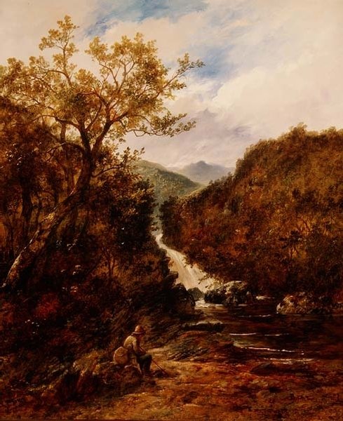 Visser bij een beboste waterval door James Charles Ward