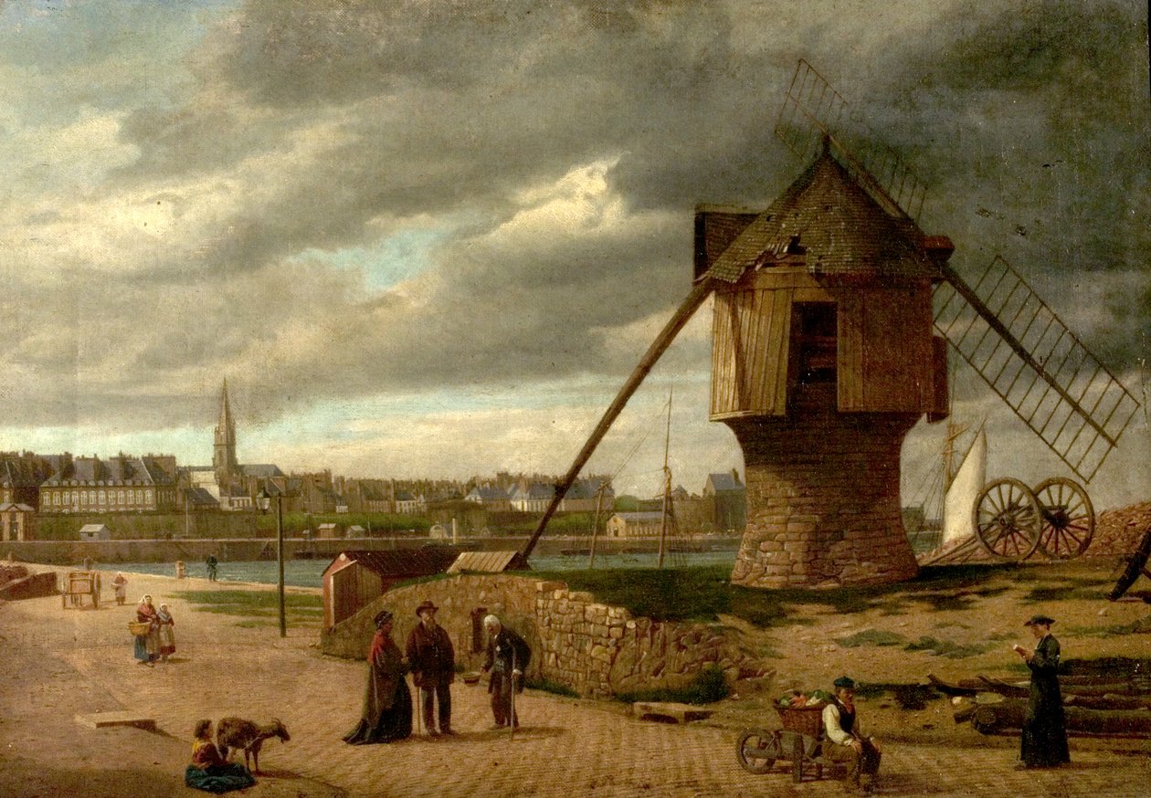 Landschap met een Windmolen, St Malo, Frankrijk, 1877 door James Collinson