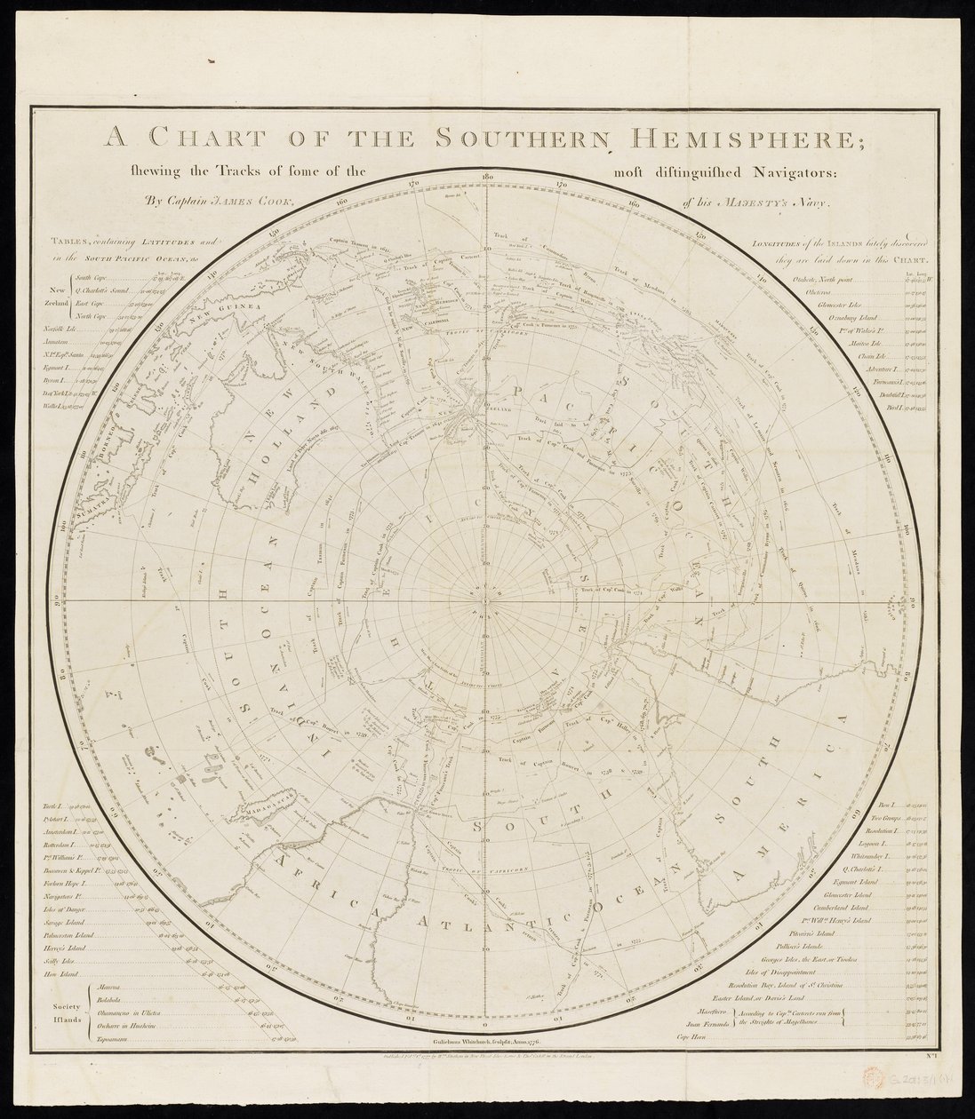 Een kaart van het zuidelijk halfrond; met de routes van enkele van de meest vooraanstaande ontdekkingsreizigers, door Kapitein James Cook, van Zijne Majesteits Marine door James Cook