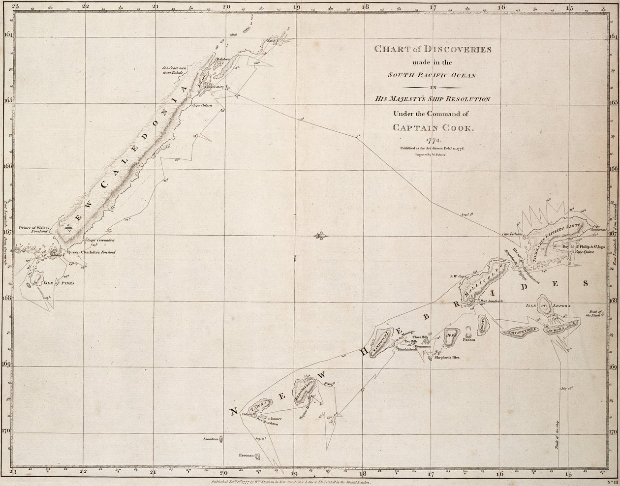 Kaart van ontdekkingen in de Zuidelijke Stille Oceaan in het schip 