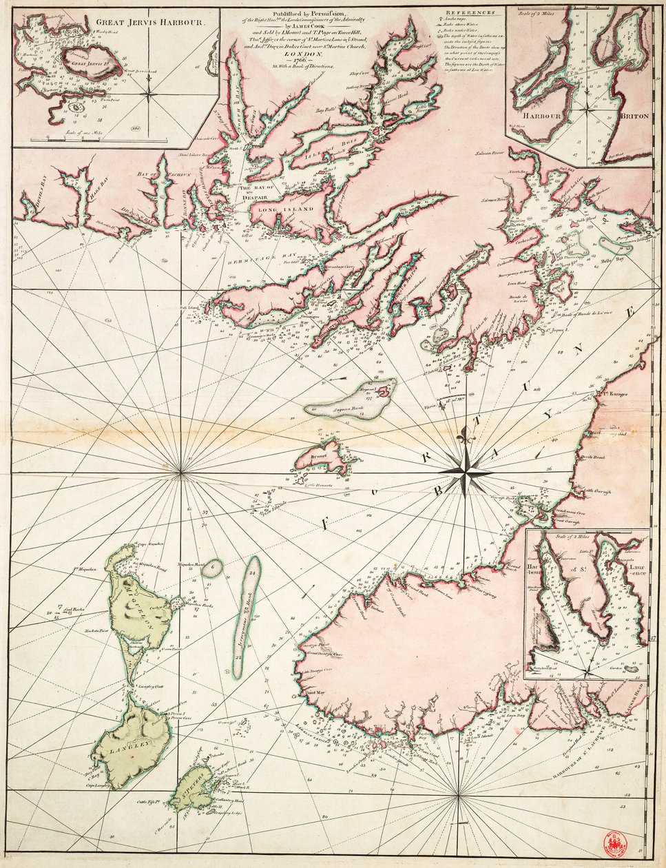 Deel van de zuidkust van Newfoundland inclusief Fortune Bay door James Cook