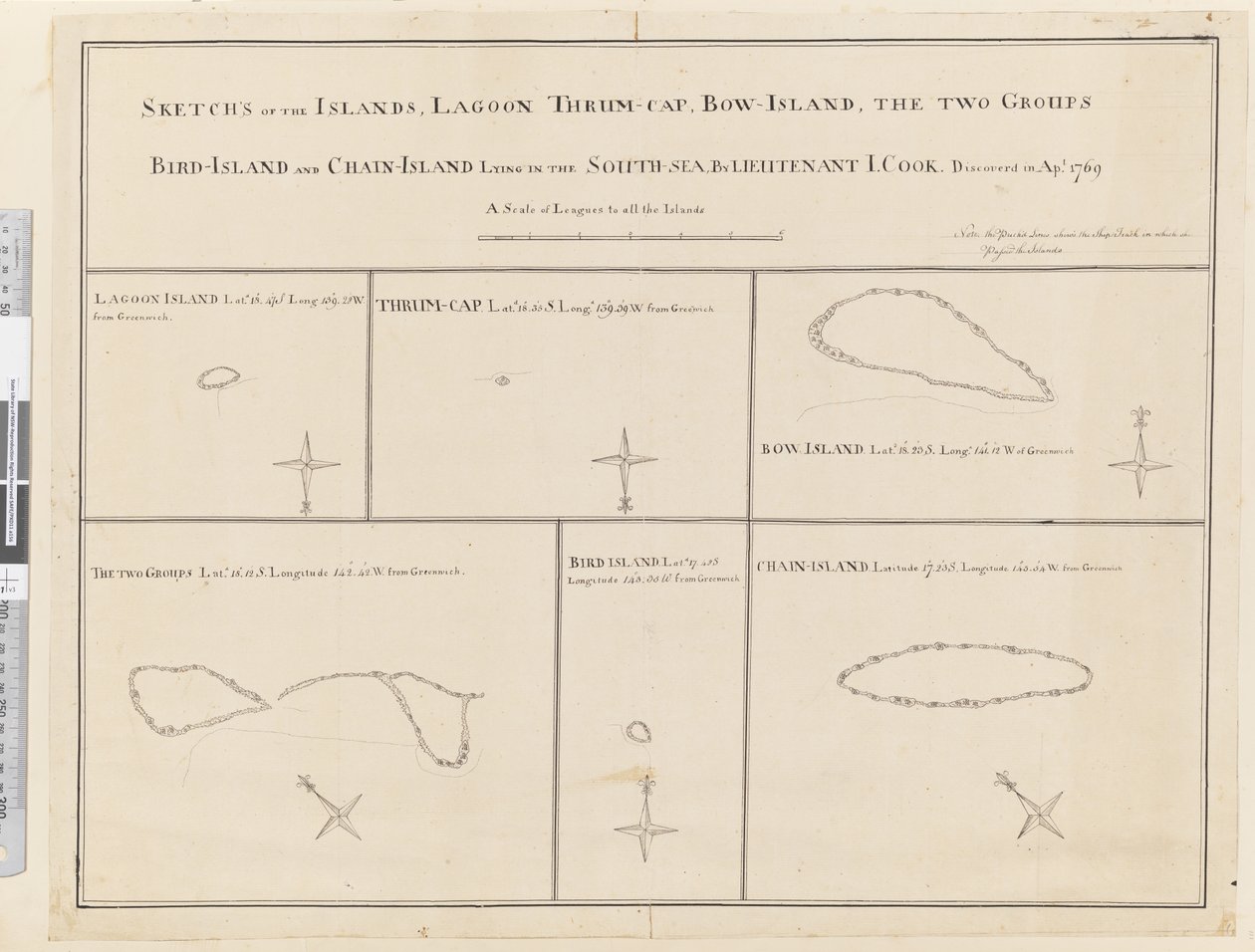 Schetsen van de eilanden Lagoon, Thrum-Cap, Bow-Island, de Twee Groepen, Bird Island en Chain Island, gelegen in de Zuidzee... ontdekt in april 1769 door James Cook