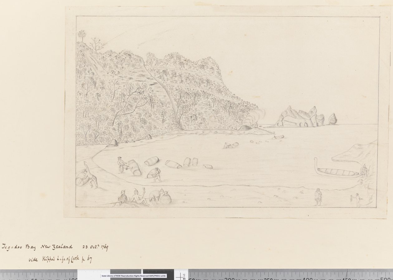 Een Uitzicht op de Waterplaats Tegadoo Bay, Nieuw-Zeeland, 23 okt 1769 door James Cook