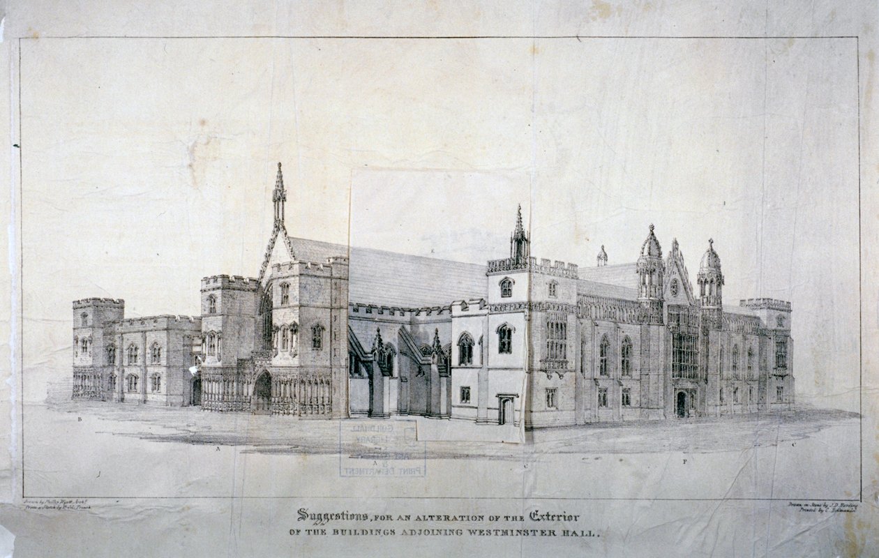 Suggesties voor wijzigingen aan de gebouwen naast Westminster Hall, Londen, ca. 1825 door James Duffield Harding
