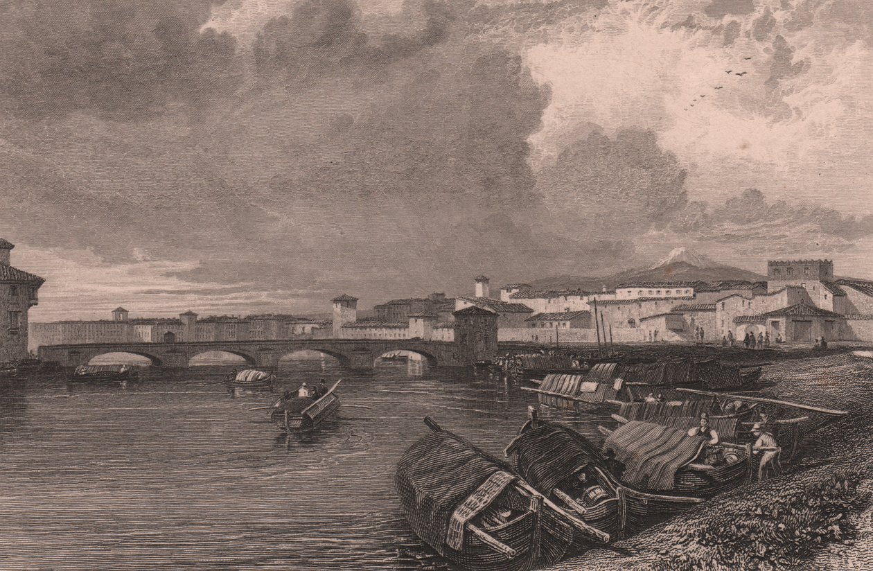 Uitzicht op de Arno-rivier in Pisa, Toscane, Italië, gravure door Thomas Higham naar tekening van James Duffield Harding door James Duffield Harding