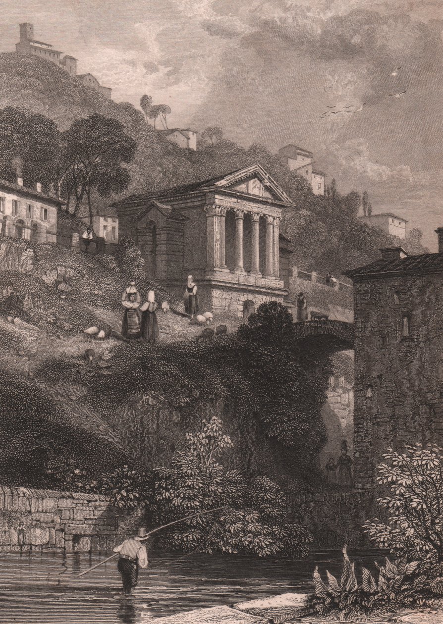 Uitzicht op de Tempel van Clitumnus langs de Clitunno-rivier door James Duffield Harding