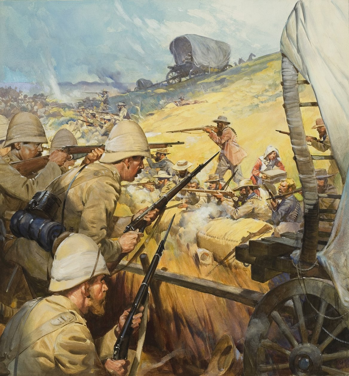 Boerenoorlog schermutseling (gouache op papier) door James Edwin McConnell