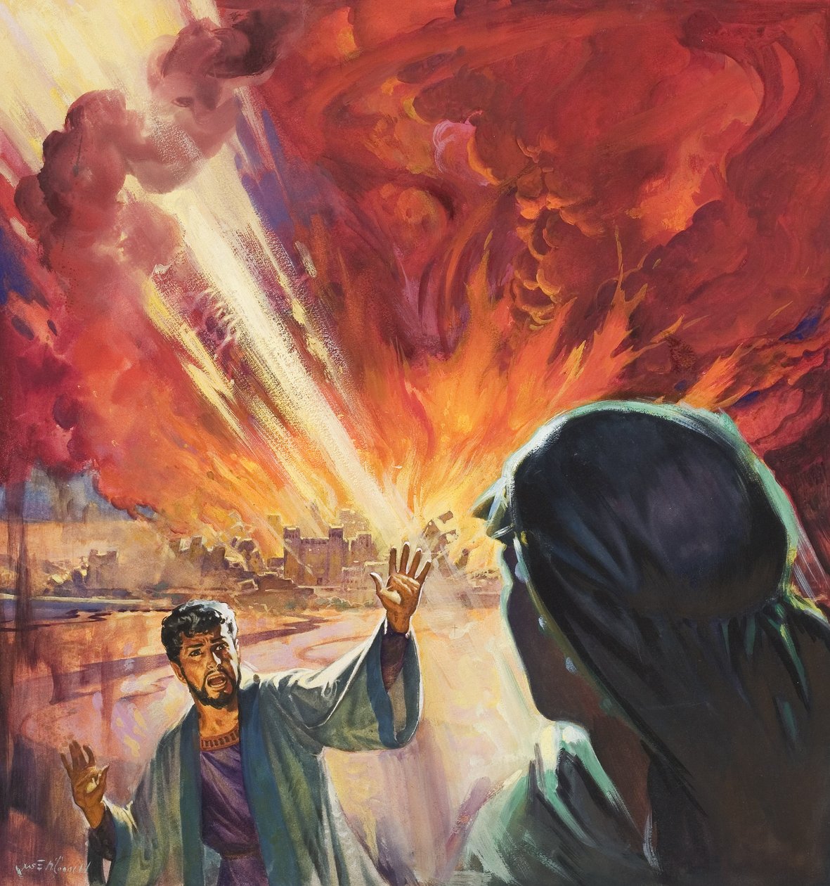 Verwoesting van Sodom en Gomorra (gouache op papier) door James Edwin McConnell