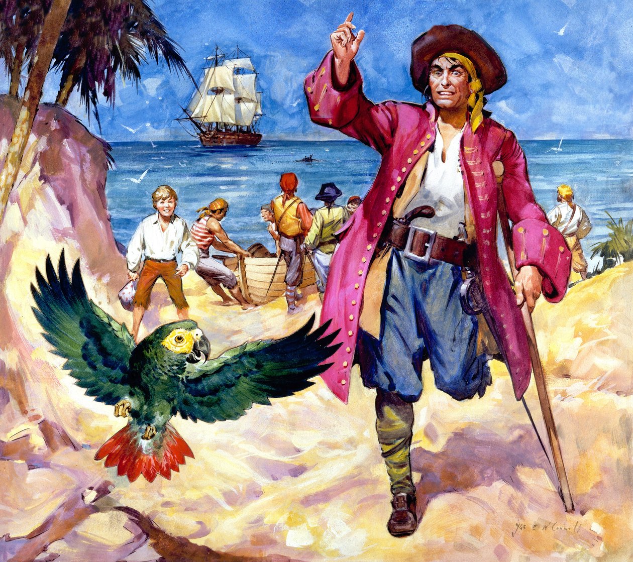 Long John Silver en zijn papegaai (gouache op papier) door James Edwin McConnell