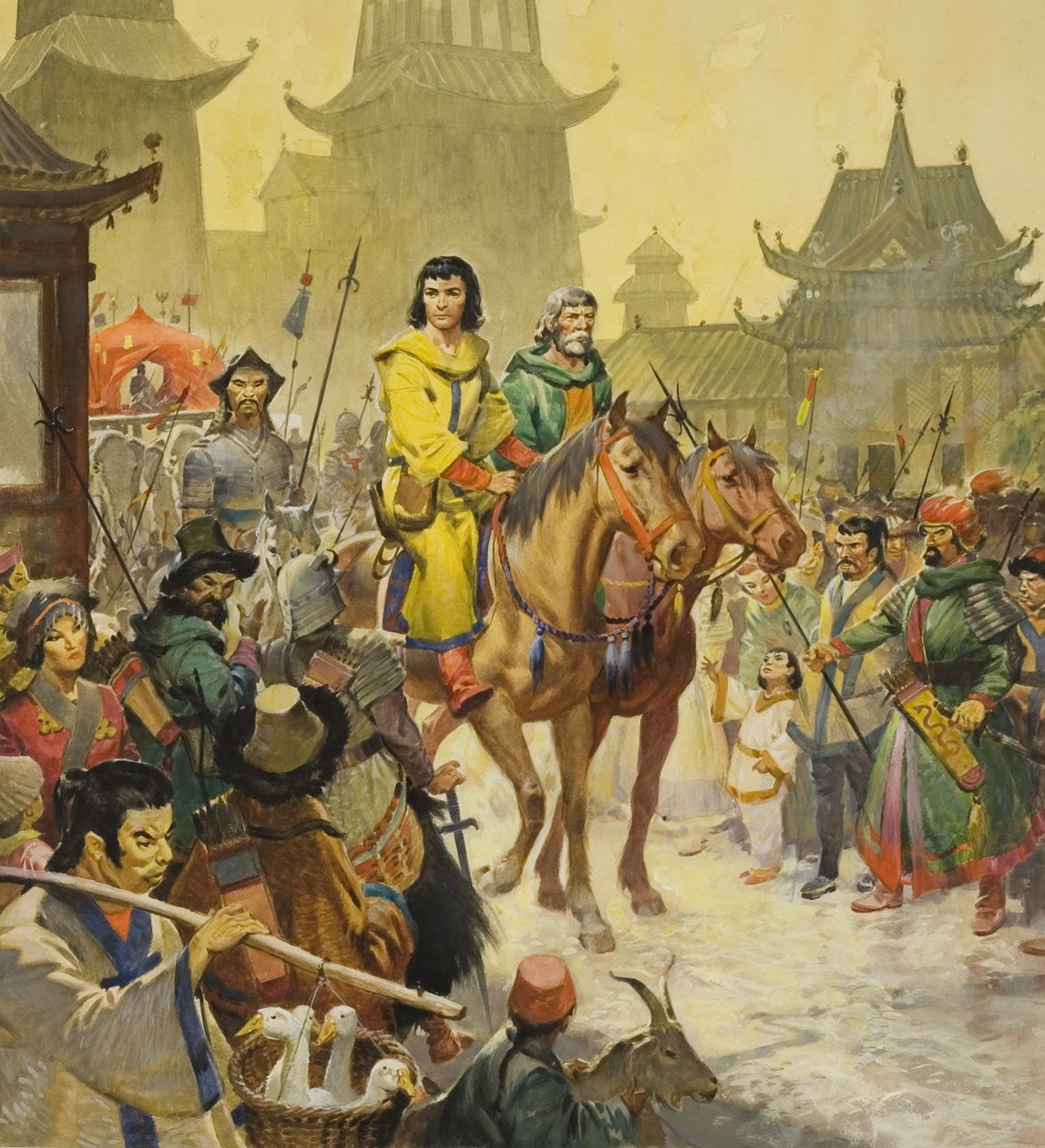 Marco Polo in Peking, 20e eeuw (gouache op papier) door James Edwin McConnell