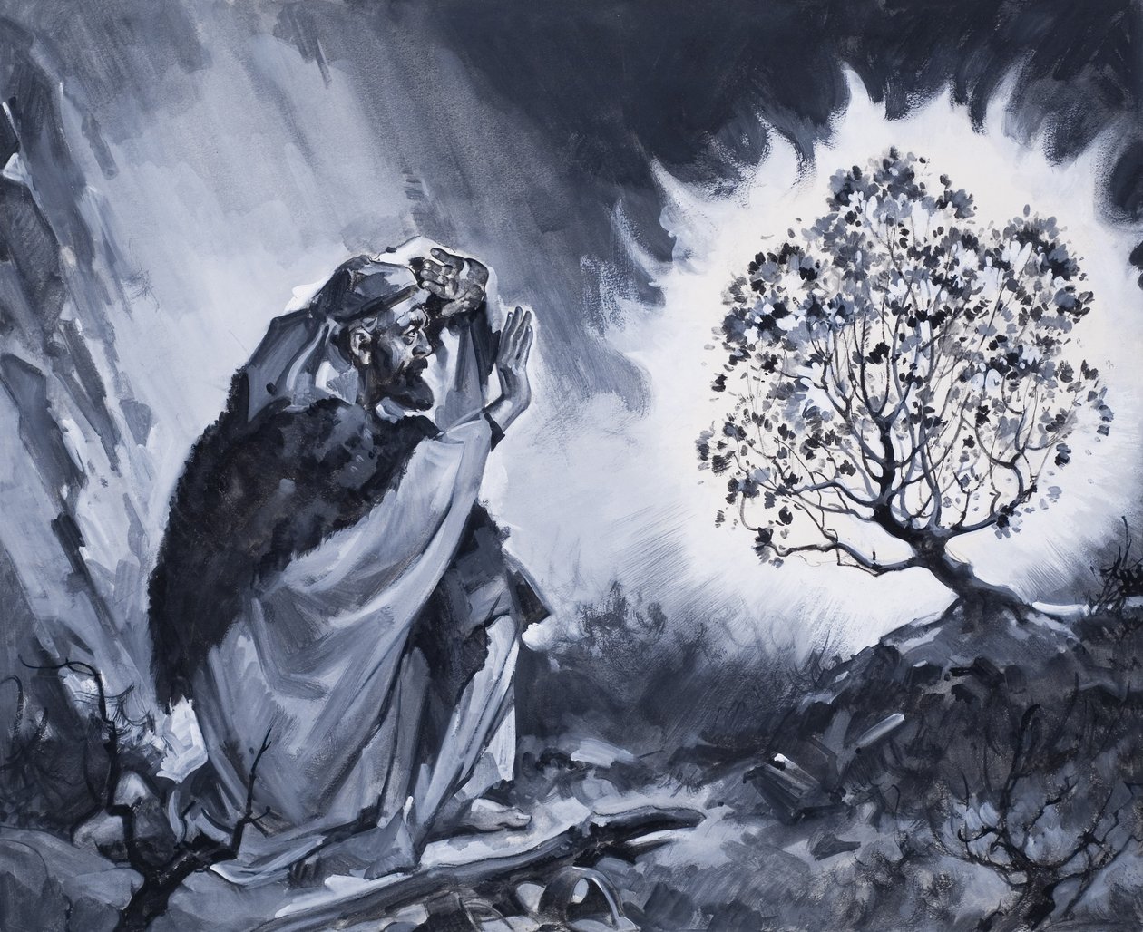 Mozes en de brandende struik (gouache op papier) door James Edwin McConnell