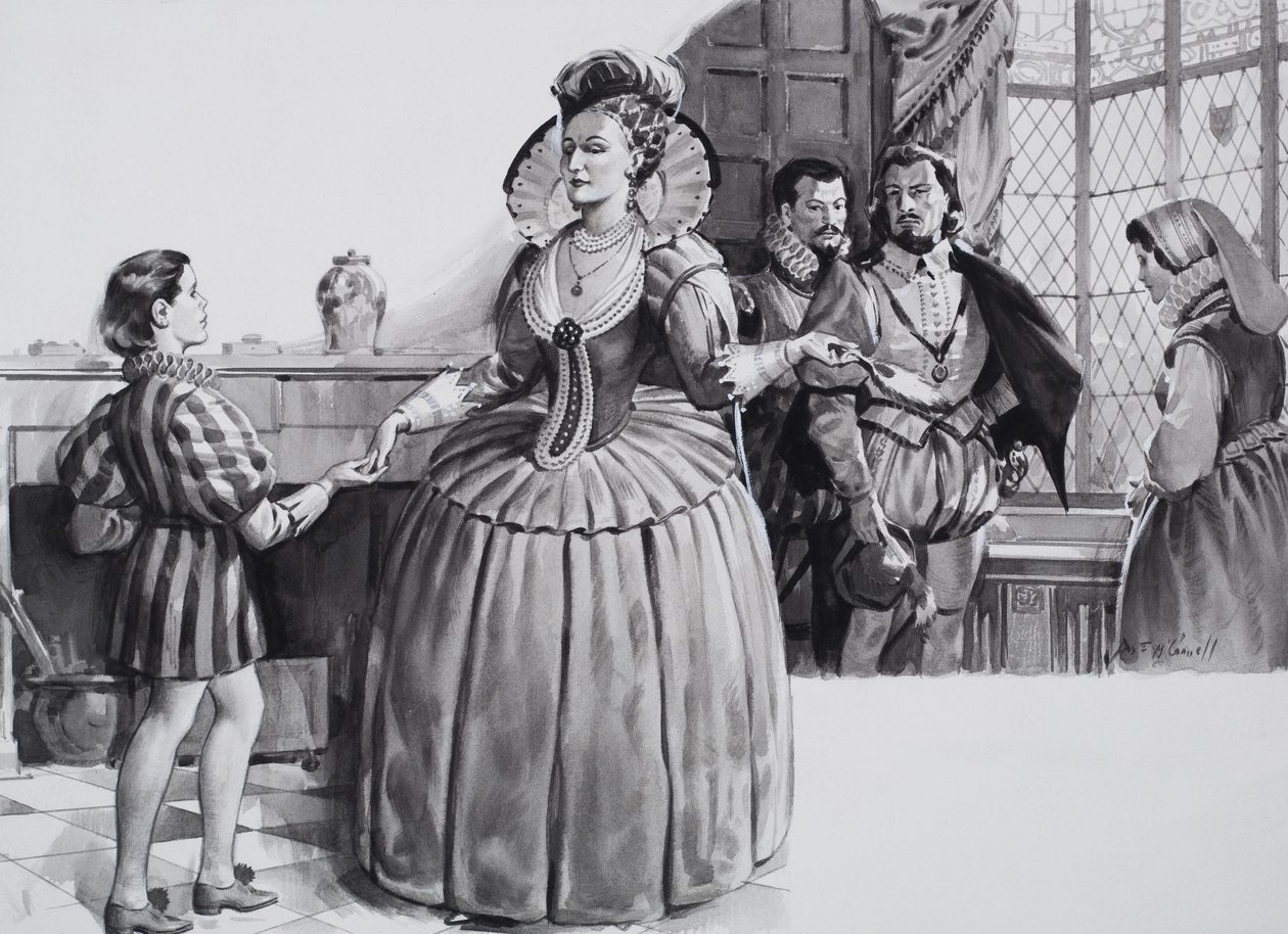 De jonge Francis Bacon en koningin Elizabeth I (gouache op papier) door James Edwin McConnell
