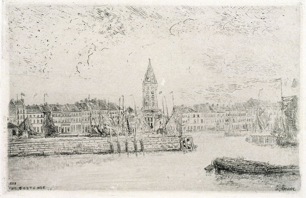 Gezicht op Oostende in het oosten door James Ensor