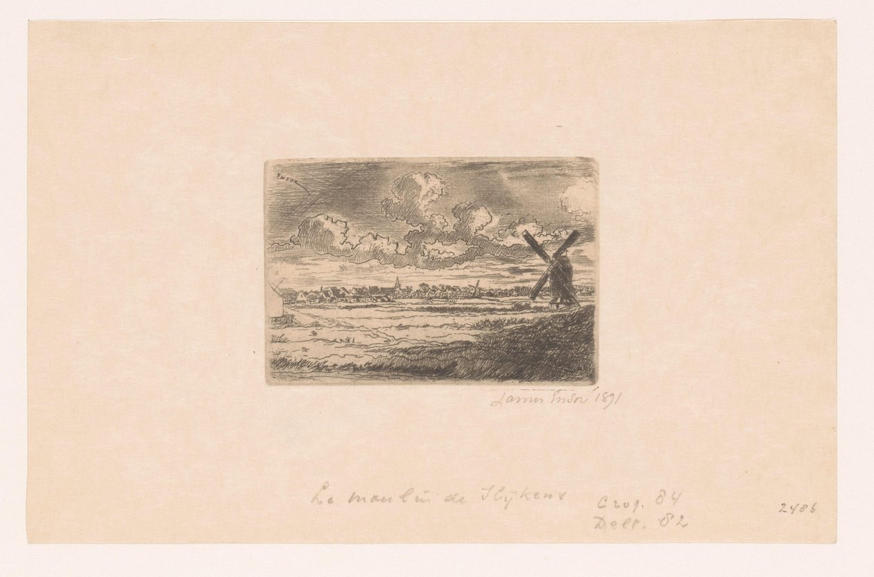 Gezicht op Slijkens met een molen op de voorgrond door James Ensor