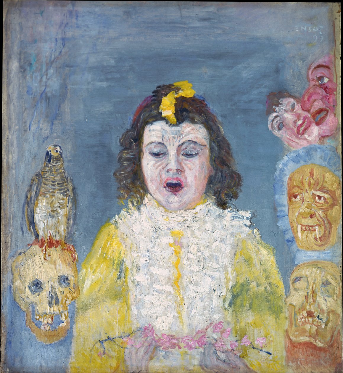 Meisje met maskers (Communie) door James Ensor