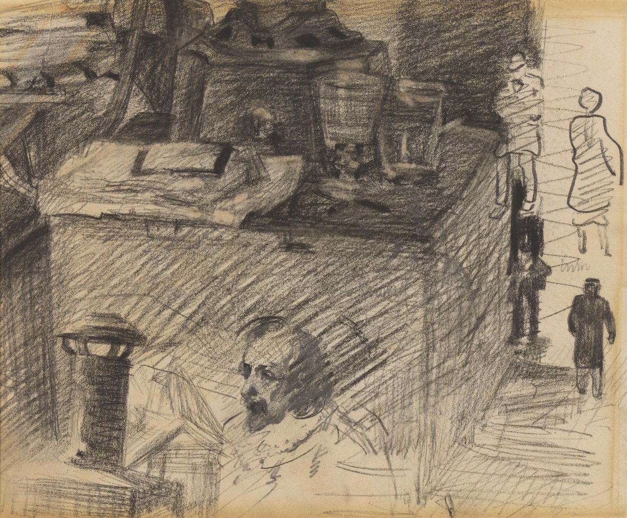 Hoek in het atelier met kachelvoet, kist en figuren door James Ensor