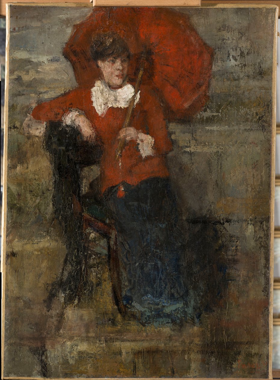 Dame met rode parasol door James Ensor