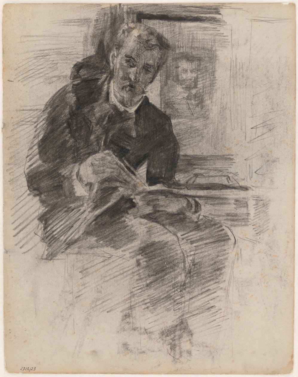 Lezende man (in feite: Willy Finch zittend aan een tafel, met palet en penselen in de hand) door James Ensor