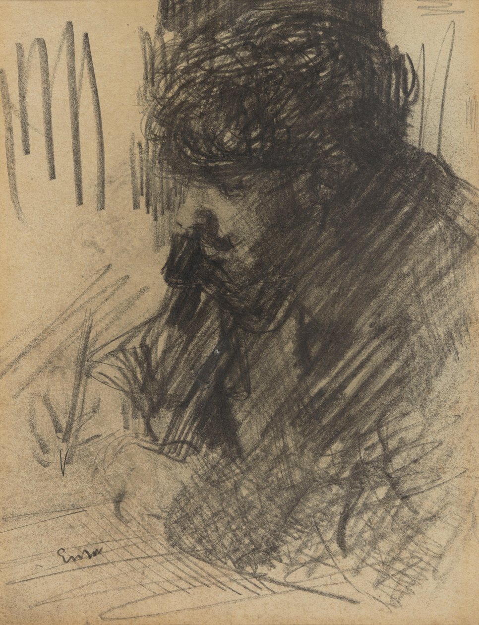 Portret van Dario de Regoyos terwijl hij schrijft door James Ensor