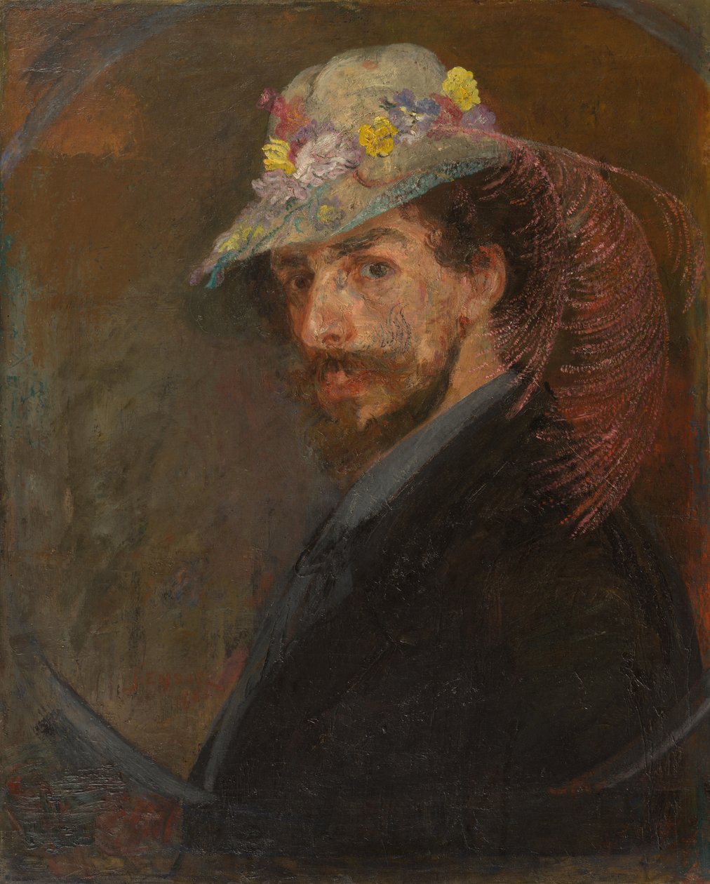 Zelfportret met gebloemde hoed door James Ensor