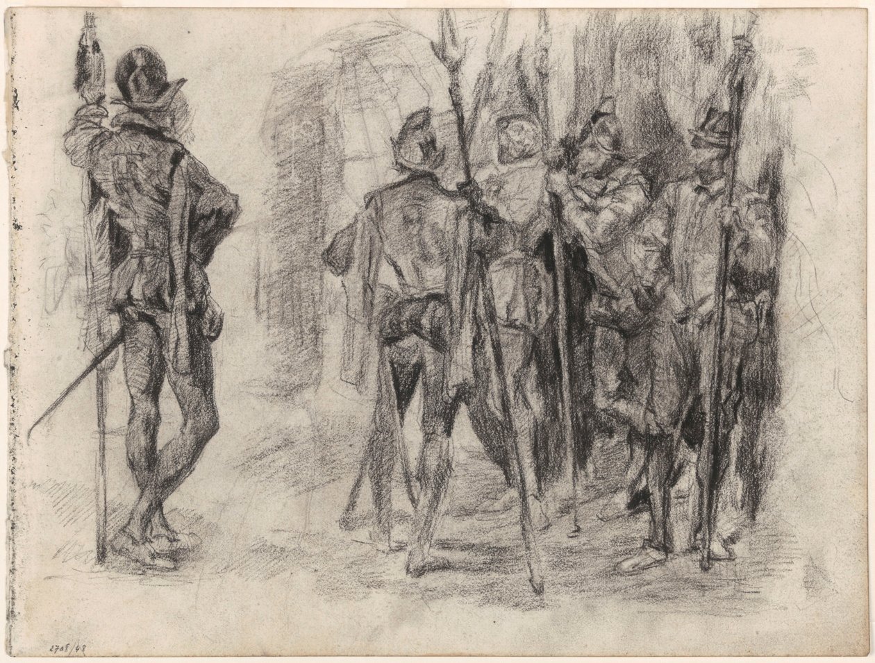 Schetsen van figuren en vijf Spaanse soldaten met lansen door James Ensor