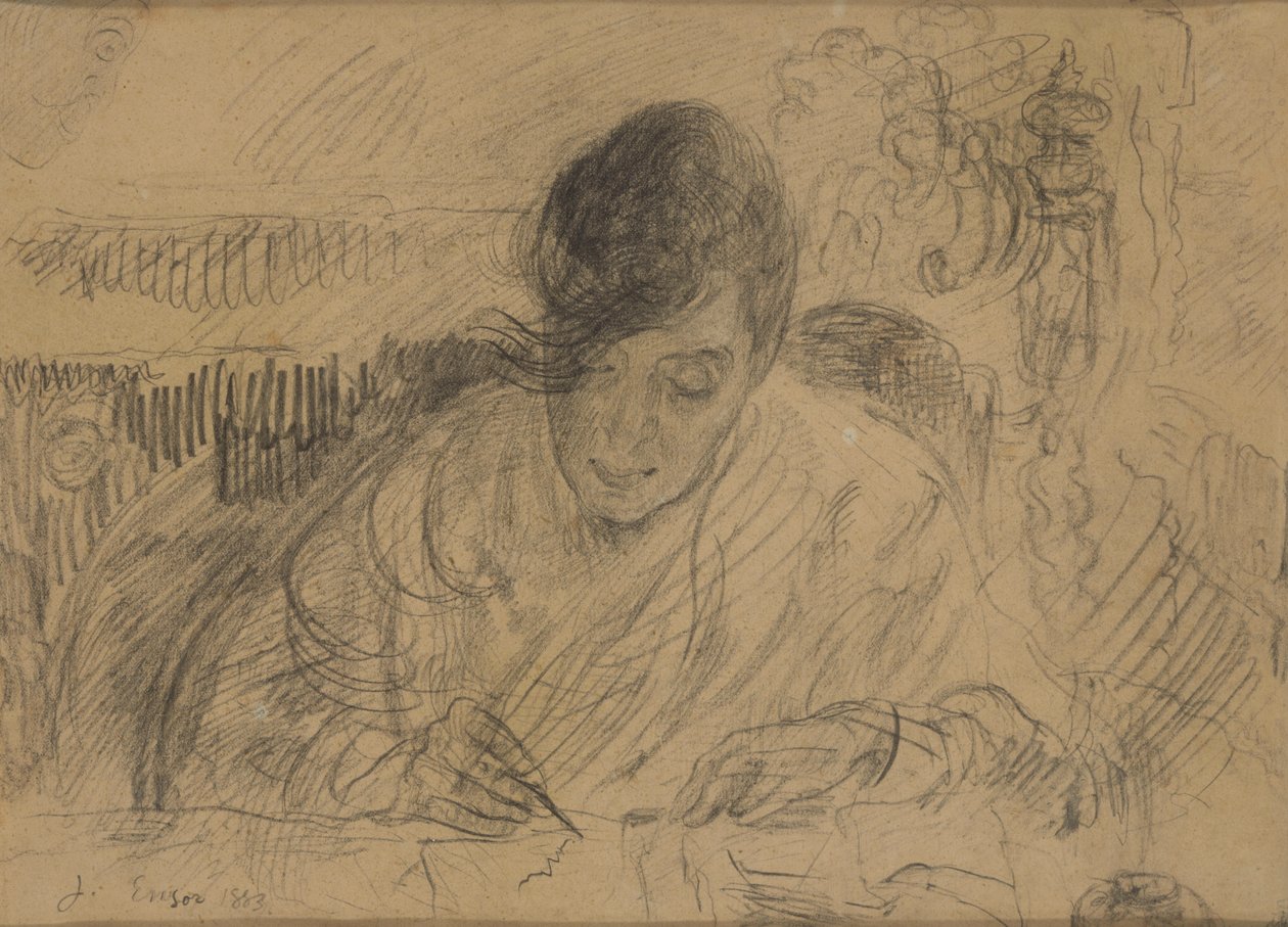 Vrouw die een brief schrijft (zuster van Ensor) door James Ensor