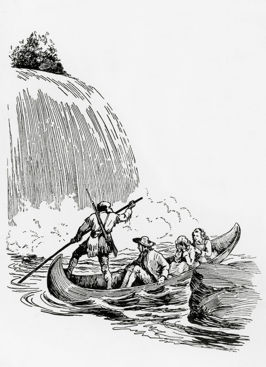 De hoofdpersonen in een kano bij een waterval, illustratie voor De Laatste der Mohikanen door James Fenimore Cooper, Principato Editore, Milaan door James Fenimore Cooper