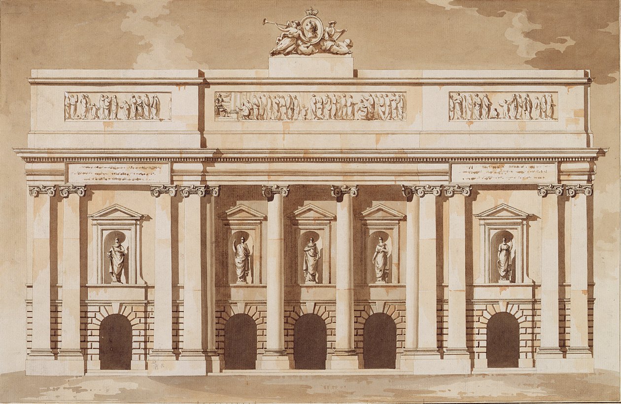 Opstand voor de westelijke gevel van het Parlementshuis, Dublin, ca.1787 door James Gandon