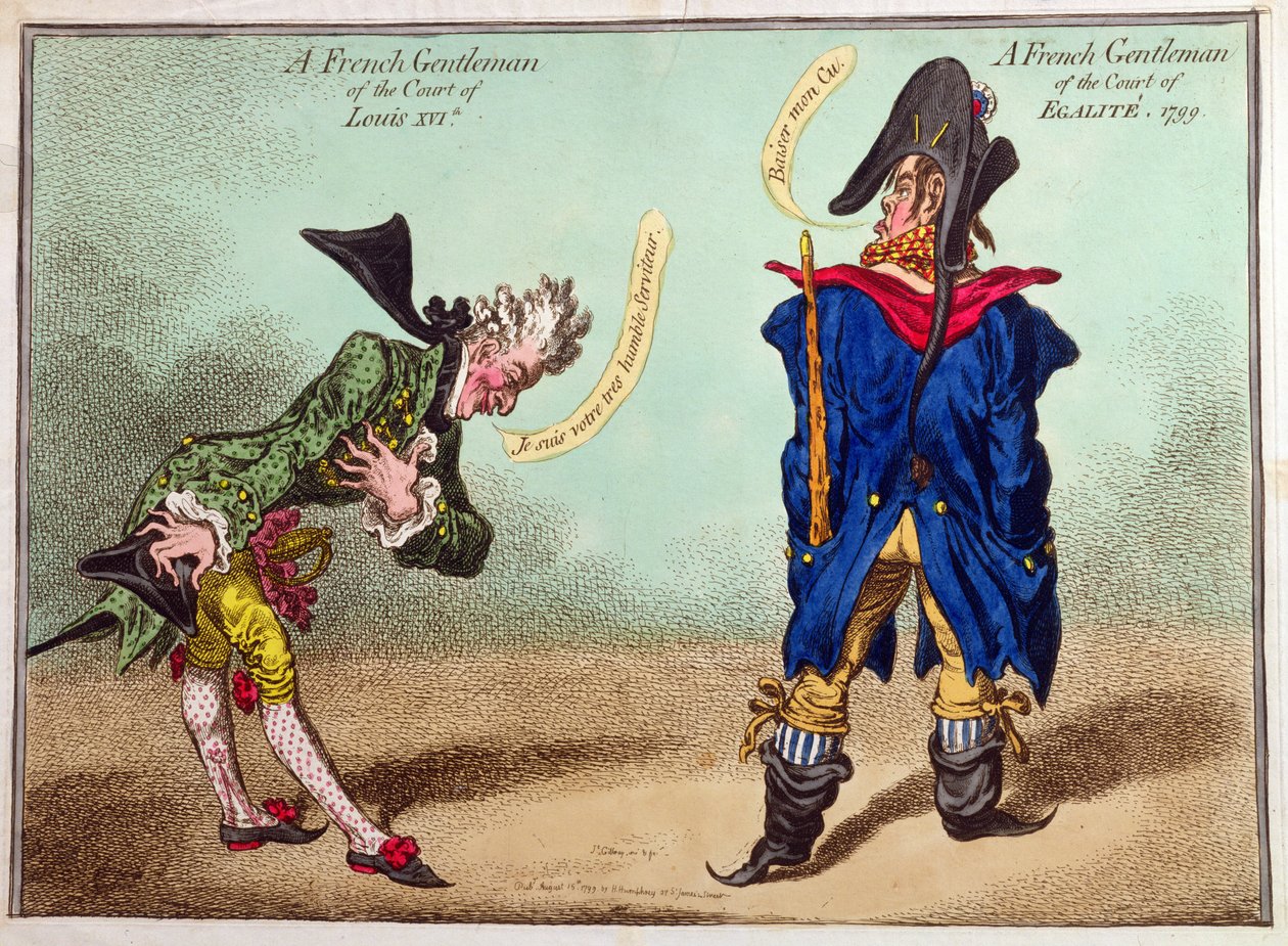 Een Franse Edelman van het Hof van Lodewijk XVI en een Franse Edelman van het Hof van Egalite, gepubliceerd in 1799 door James Gillray