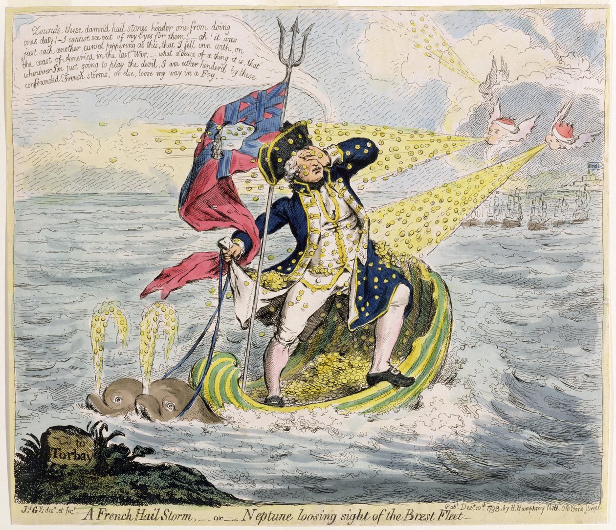 Een Franse Hagelstorm, of Neptunus die de Brest Vloot uit het oog verliest, gepubliceerd door Hannah Humphrey in 1793 door James Gillray