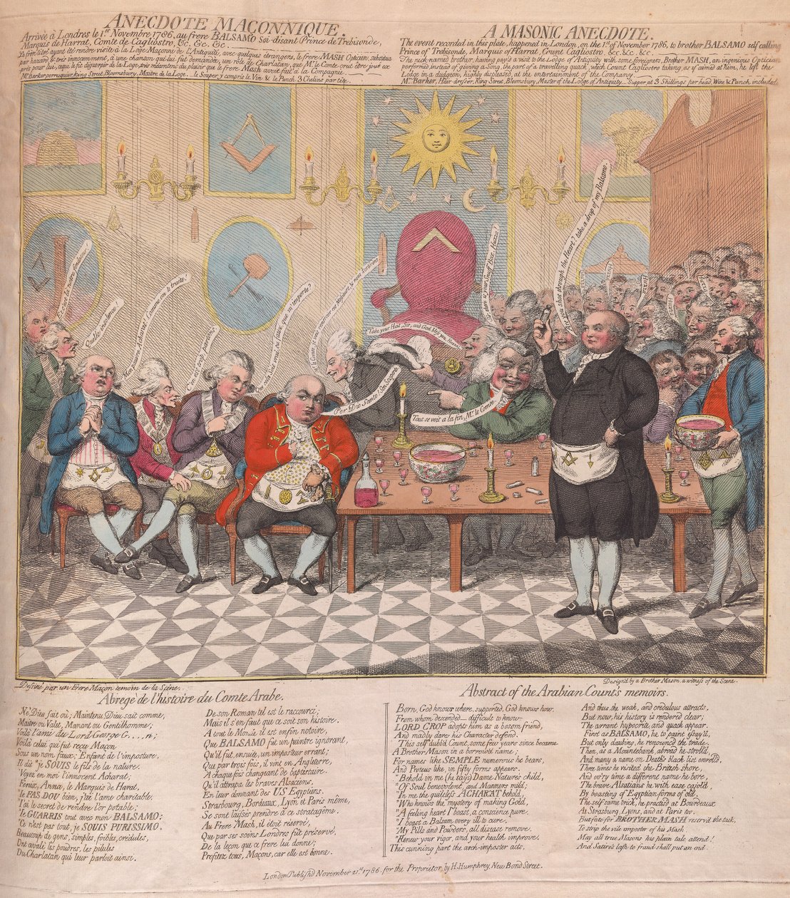 Een vrijmetselaarsanekdote, uitgegeven 1786 door James Gillray
