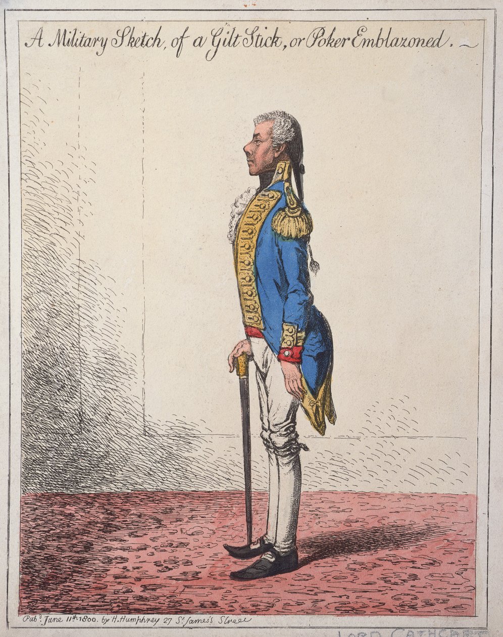Een militaire schets van een vergulde stok, of een poker met wapenschild, gepubliceerd door Hannah Humphrey in 1800 door James Gillray
